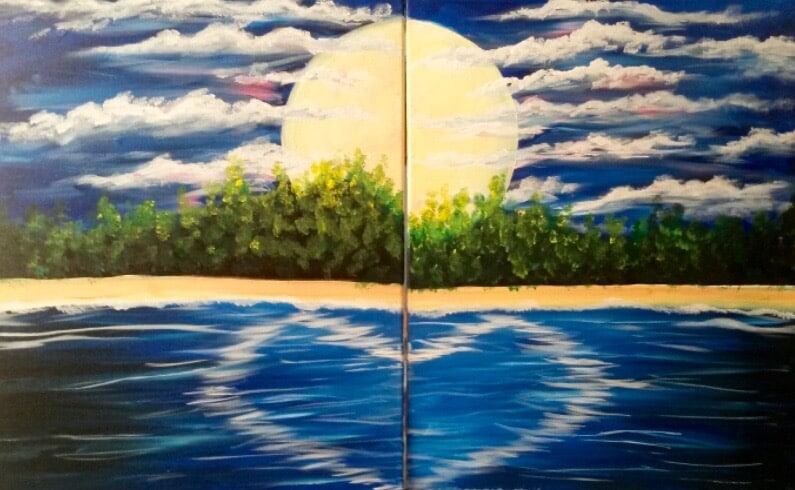 Two-canvas date night painting featuring a glowing sun over a beach shoreline with blue water reflections, fluffy clouds, and lush green trees.