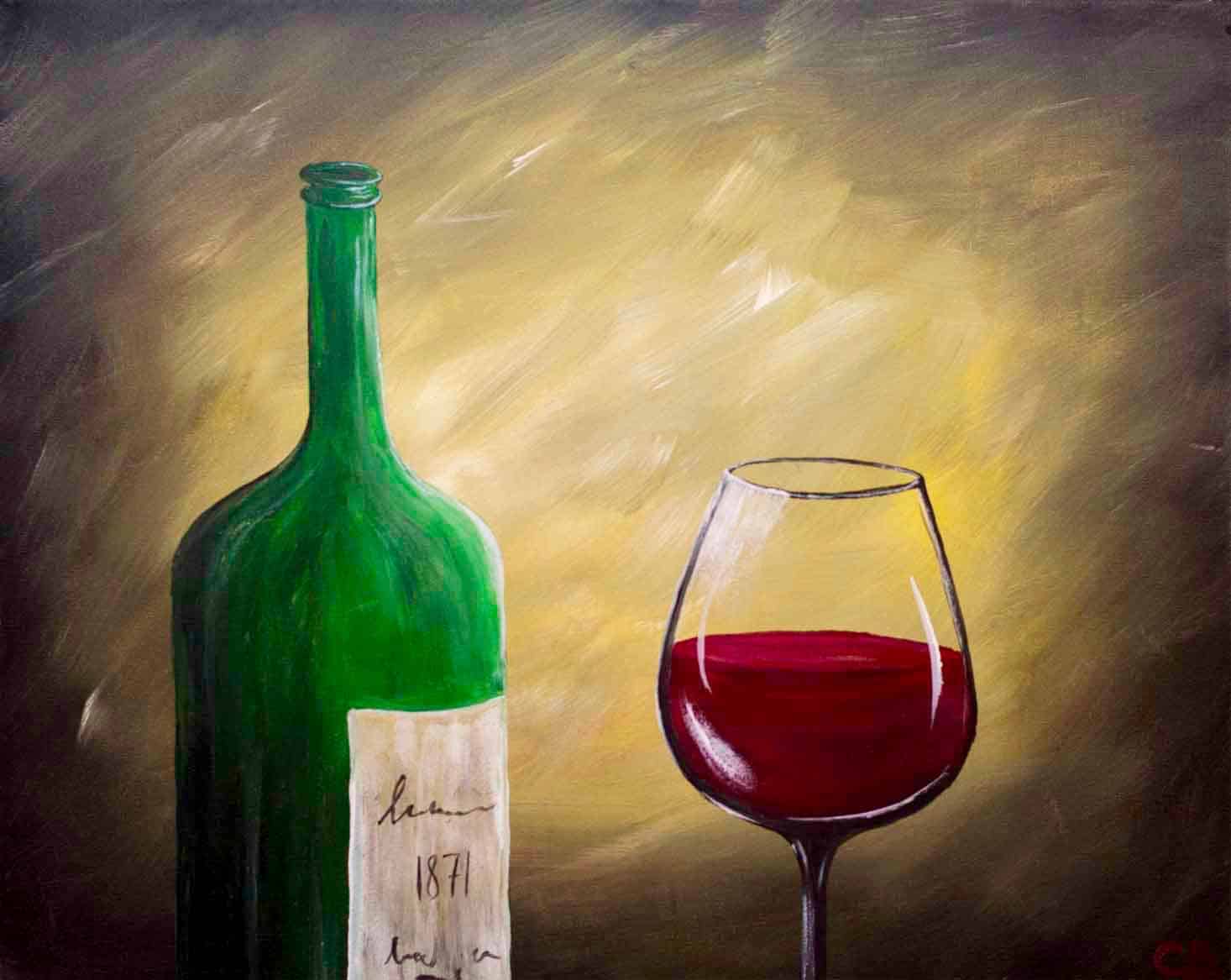 Elegant painting of a green wine bottle beside a glass of red wine against a warm golden background with soft glowing light.