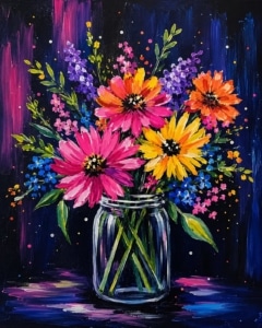 Bright neon wildflowers in a glass mason jar painted against a dark background with glowing pink, orange, yellow, blue, and purple blooms.