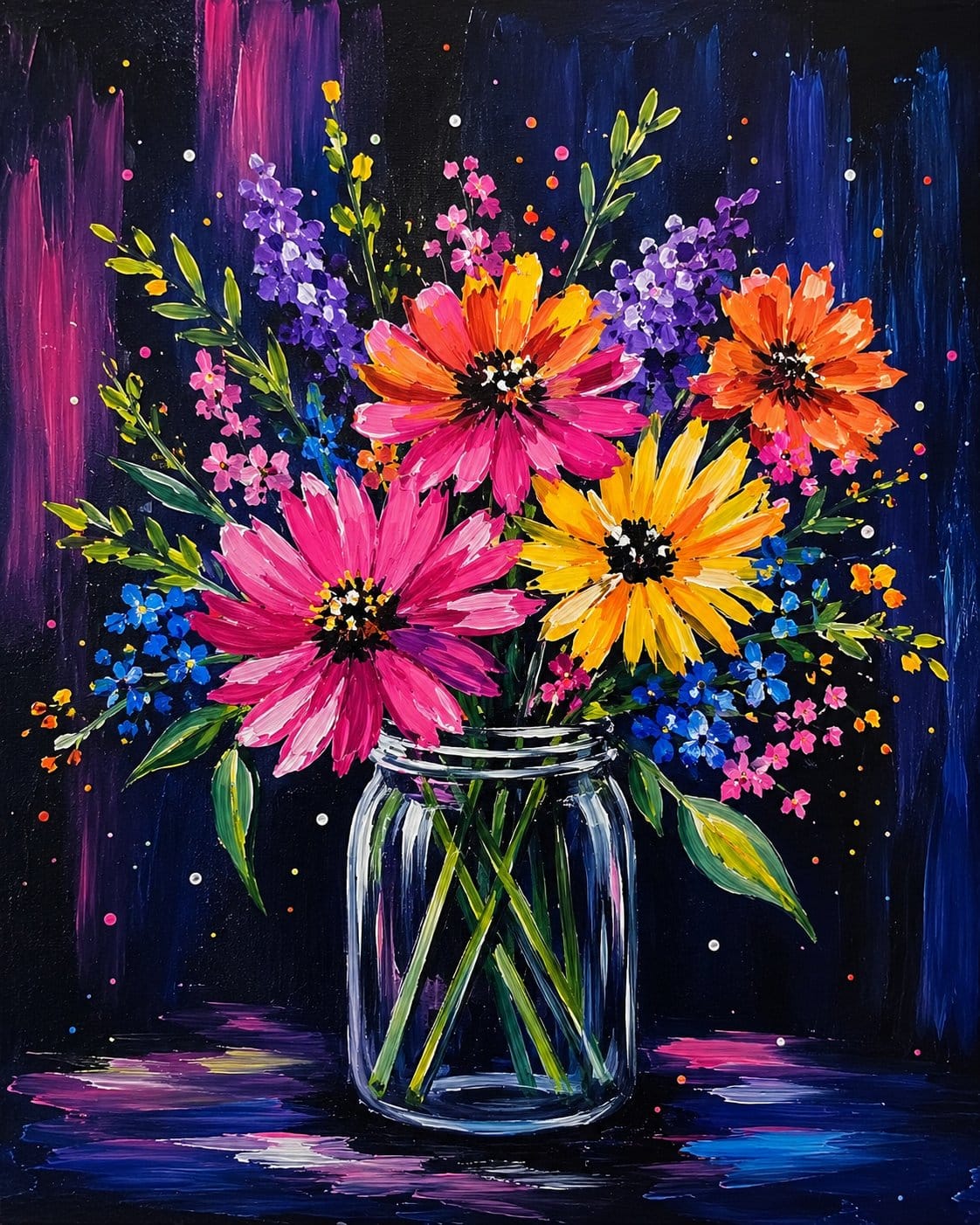 Bright neon wildflowers in a glass mason jar painted against a dark background with glowing pink, orange, yellow, blue, and purple blooms.