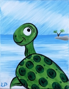 Cute green sea turtle smiling on a tropical beach with blue water, sandy shore, and a small island with palm trees in the background.