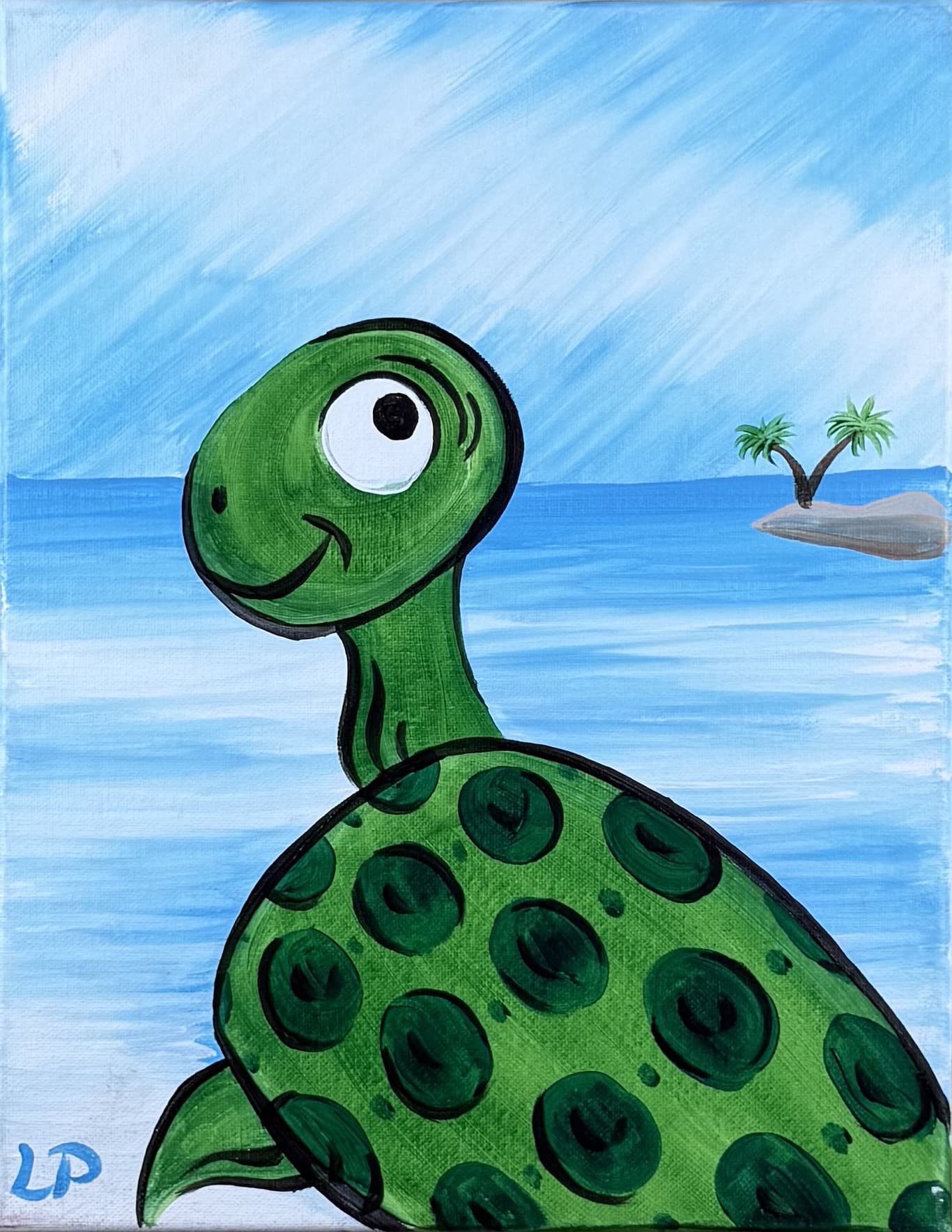Cute green sea turtle smiling on a tropical beach with blue water, sandy shore, and a small island with palm trees in the background.