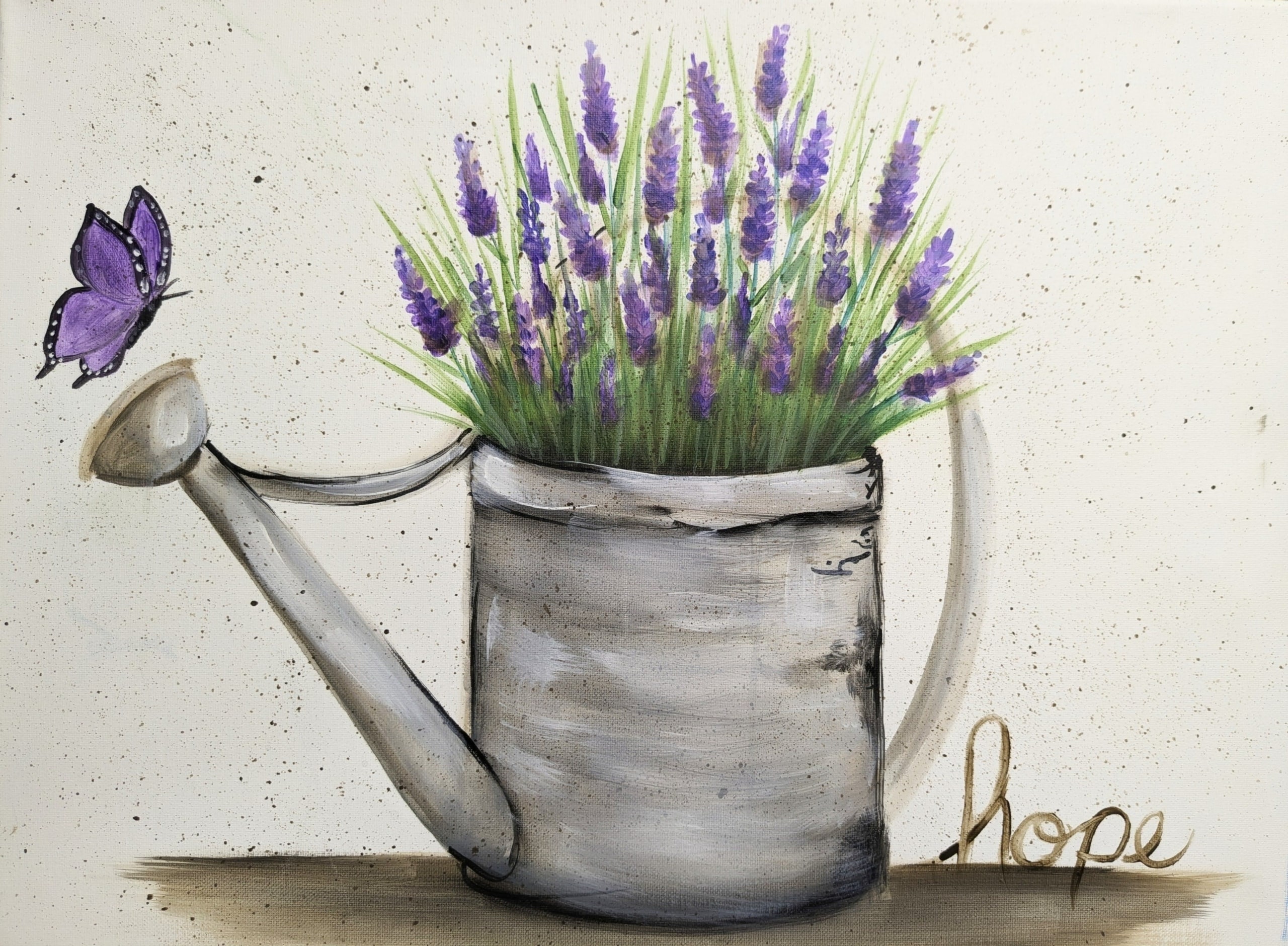 Vintage metal watering can filled with blooming lavender and a purple butterfly against a soft farmhouse-style background.