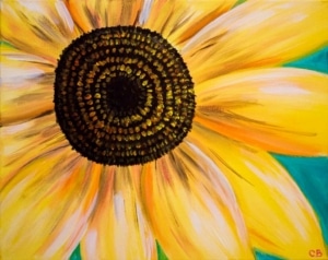 Close-up painting of a bright yellow sunflower with a textured dark center against a vibrant turquoise and green background.