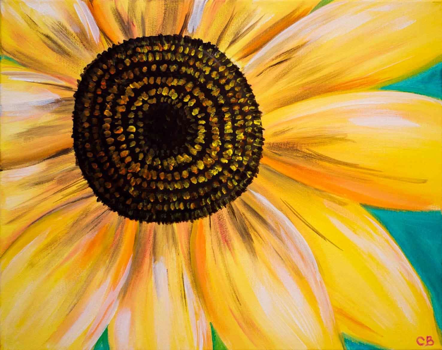 Close-up painting of a bright yellow sunflower with a textured dark center against a vibrant turquoise and green background.