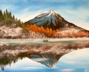 Snow-capped mountain reflected in a calm lake with autumn trees and a small canoe, acrylic painting on a 16x20 canvas.