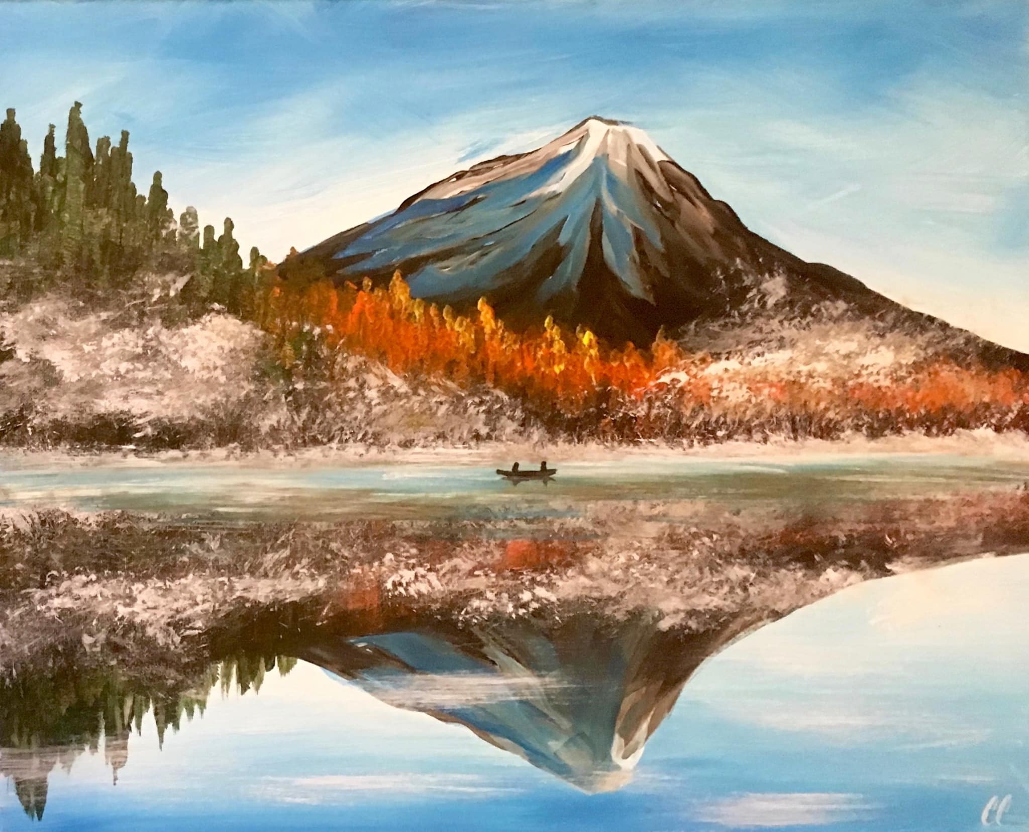 Snow-capped mountain reflected in a calm lake with autumn trees and a small canoe, acrylic painting on a 16x20 canvas.