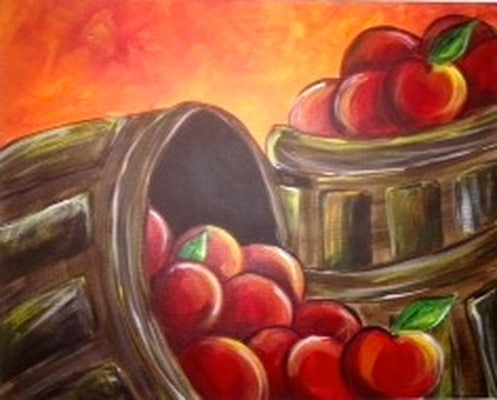 Apple Harvest acrylic painting featuring baskets overflowing with freshly picked red apples in a warm autumn orchard.