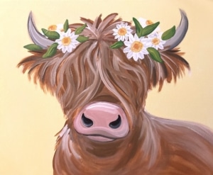 A charming Highland cow with long shaggy hair covering its eyes, decorated with a crown of white daisies and green leaves against a soft golden background.