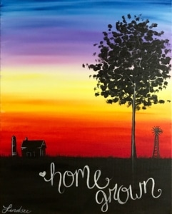 Acrylic painting of a colorful sunset over a rural farm with a tree, barn, silo, windmill, and the words "home grown."
