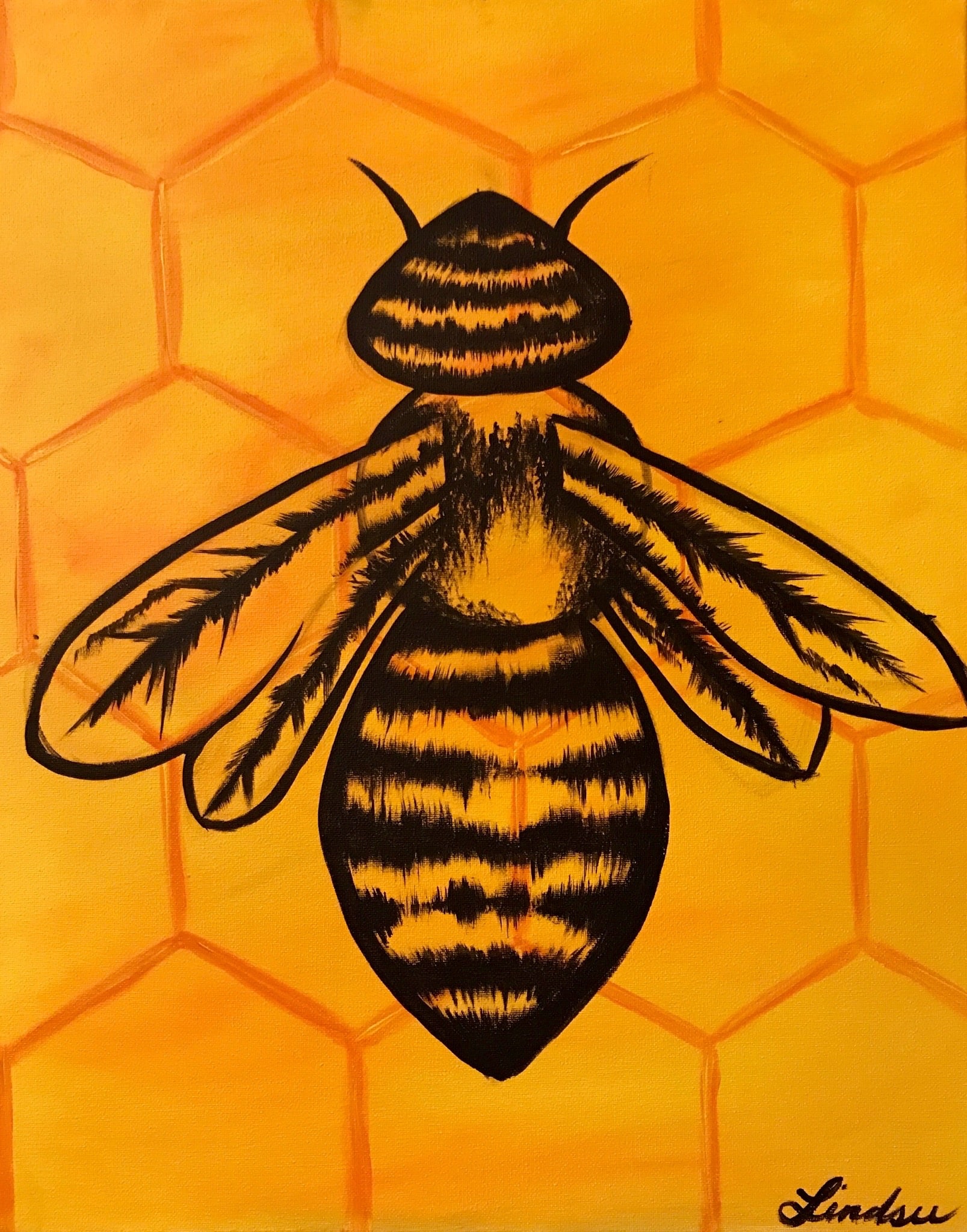 Black and golden honey bee painted over a warm honeycomb background on an 11×14 canvas.