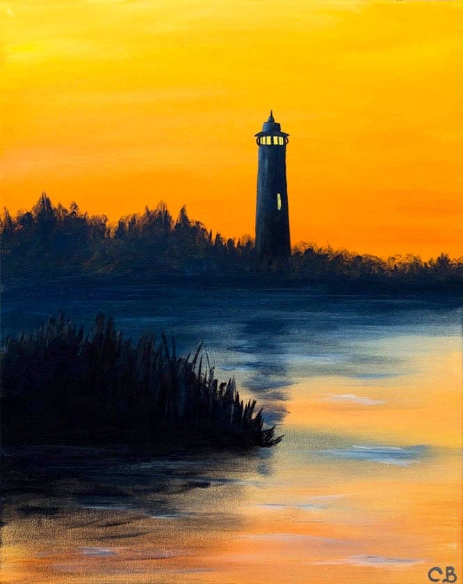 Golden Beacon lighthouse silhouetted against a glowing golden sunset reflected across calm water during a beginner-friendly Paint & Sip in Toledo.