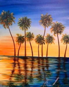 Colorful tropical sunset painting featuring tall palm trees reflected in calm water during a Paint & Sip class at Wine & Canvas Toledo.