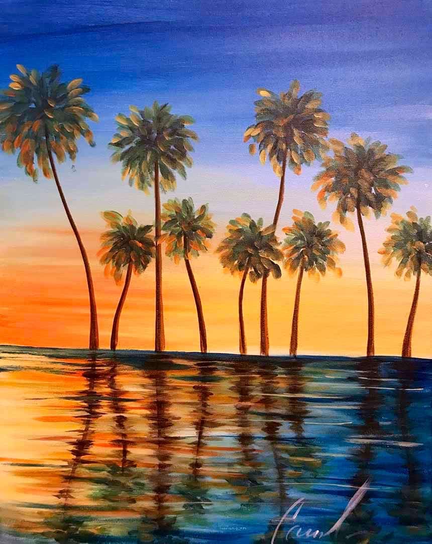 Colorful tropical sunset painting featuring tall palm trees reflected in calm water during a Paint & Sip class at Wine & Canvas Toledo.