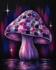 A sparkling disco mushroom painted with pink, purple, silver, and blue mirrored tiles against a vibrant black background with glowing reflections.