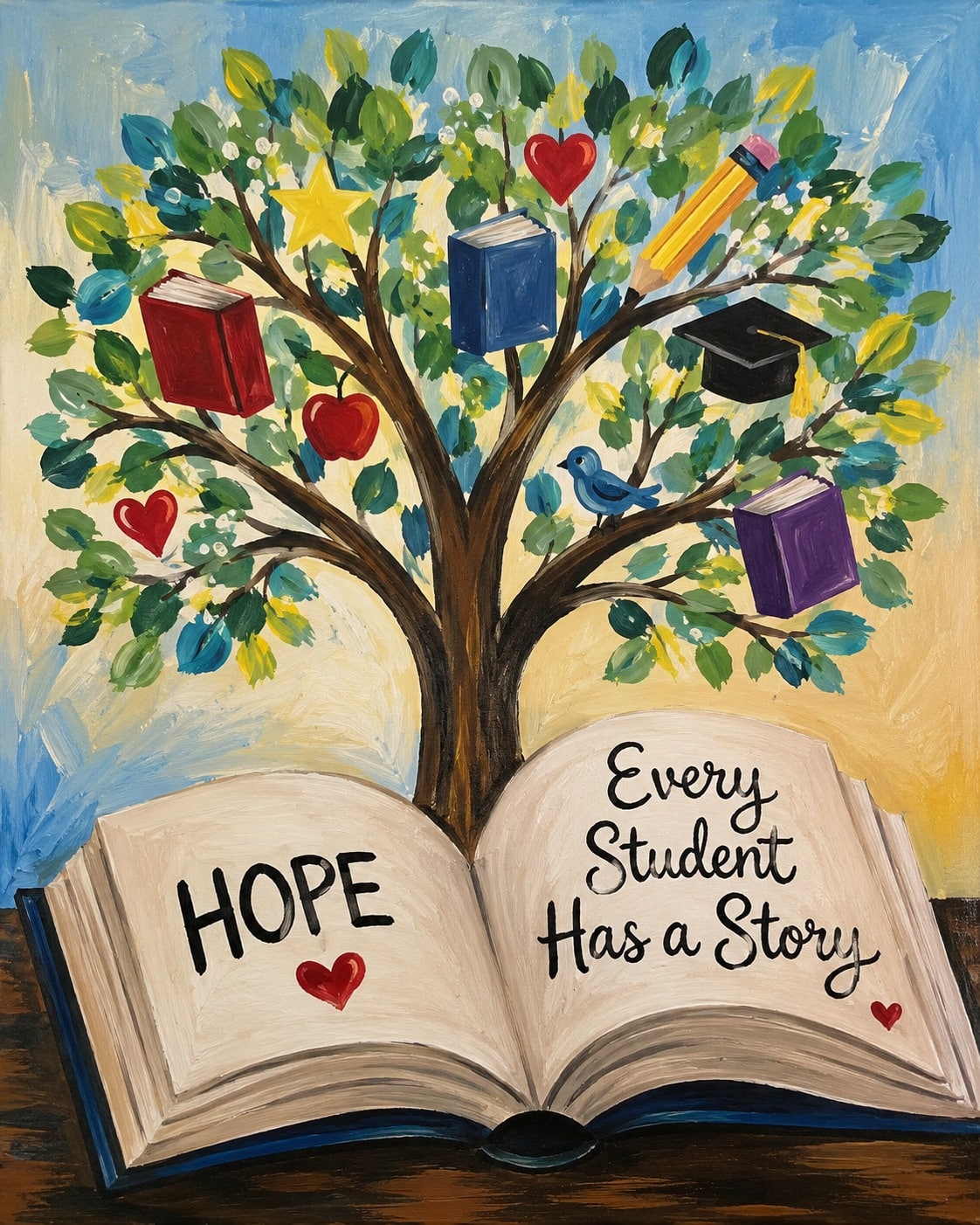 Custom school-themed painting featuring an open book, learning tree, books, graduation cap, pencil, and the phrase "Every Student Has a Story."