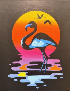 Colorful flamingo standing in reflective water at sunset with an orange sky, silhouetted birds, and a black background painted on a 16x20 canvas.