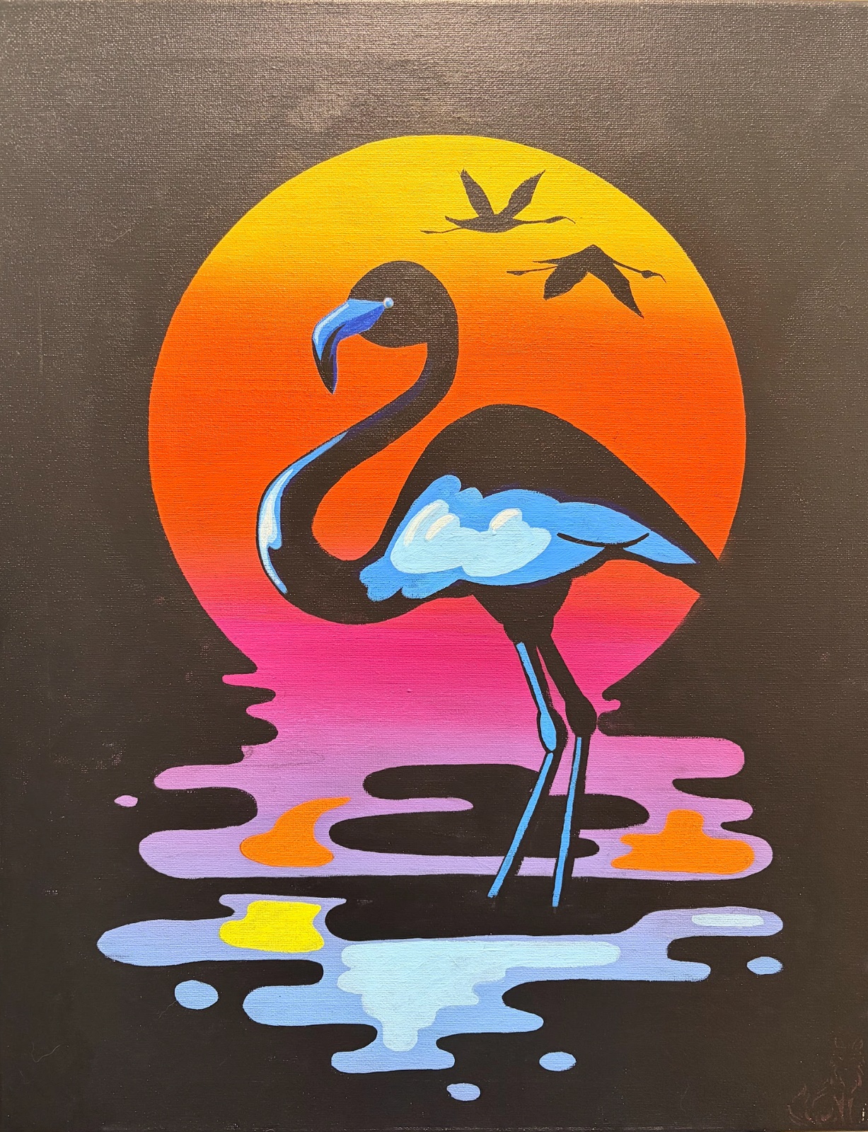 Colorful flamingo standing in reflective water at sunset with an orange sky, silhouetted birds, and a black background painted on a 16x20 canvas.