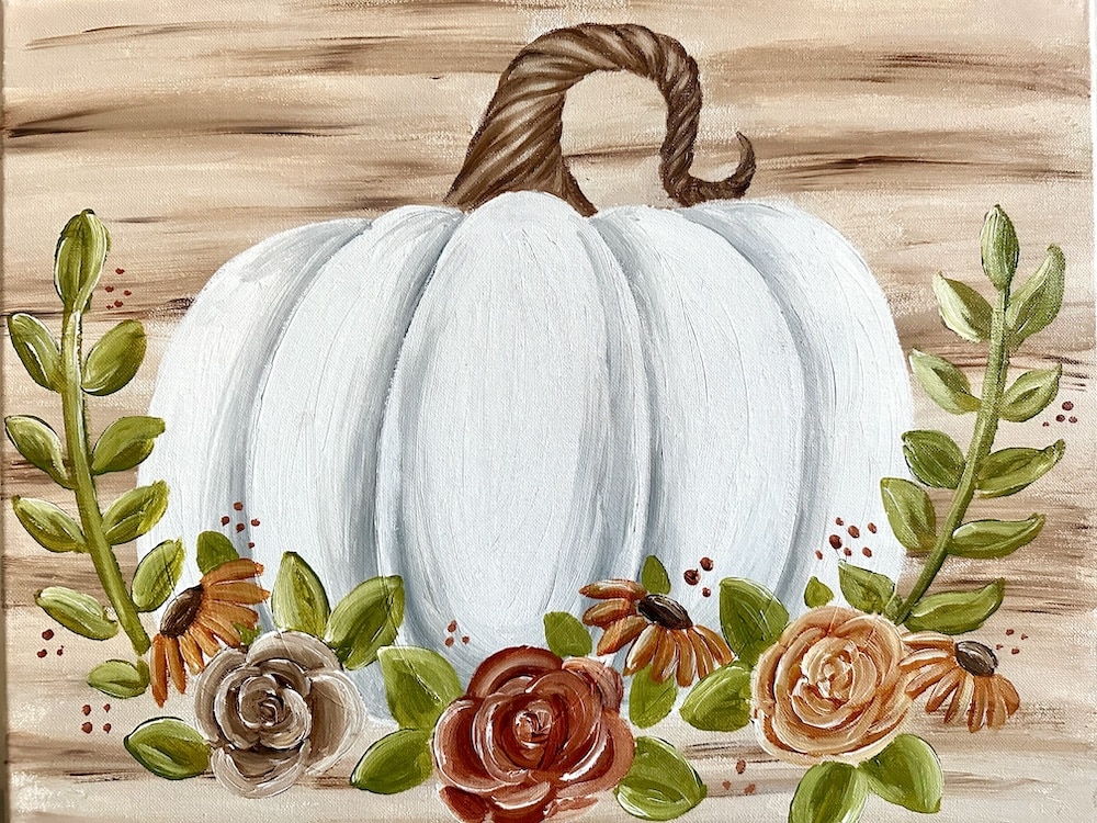 Blooming in Fall white pumpkin and autumn floral painting for a Paint & Sip in Toledo
