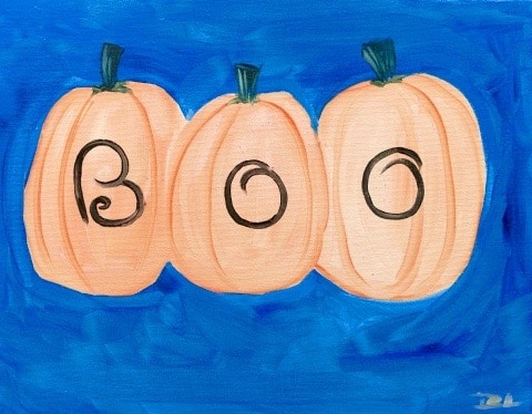 Boo Pumpkins Cookies and Canvas kids painting featuring three orange pumpkins spelling BOO on a blue background