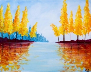 Fall on the River autumn landscape painting with golden trees reflected in a peaceful river