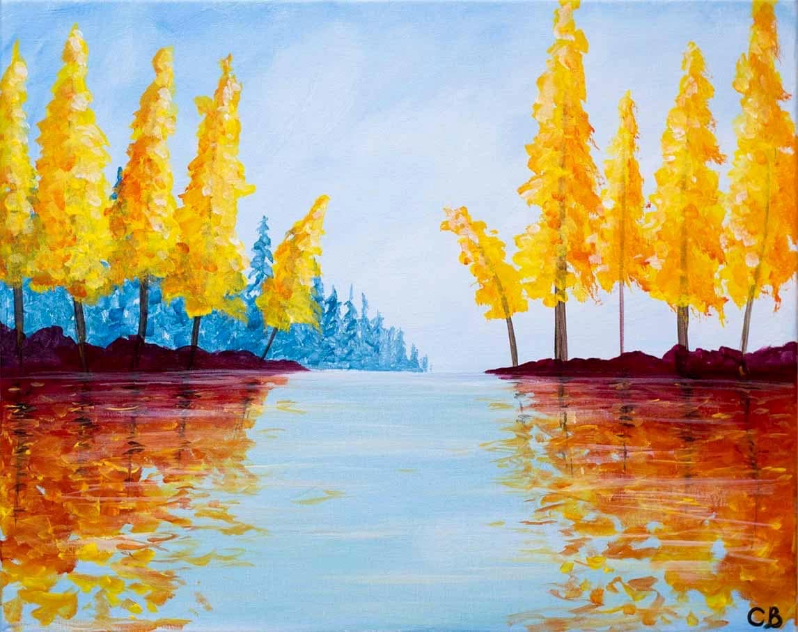 Fall on the River autumn landscape painting with golden trees reflected in a peaceful river