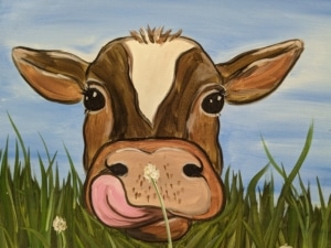 Udderly Adorable cow painting for a beginner-friendly Paint & Sip at Wine & Canvas Toledo