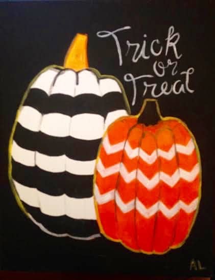 Painted Pumpkins fall Paint and Sip with striped and chevron pumpkins on a black canvas