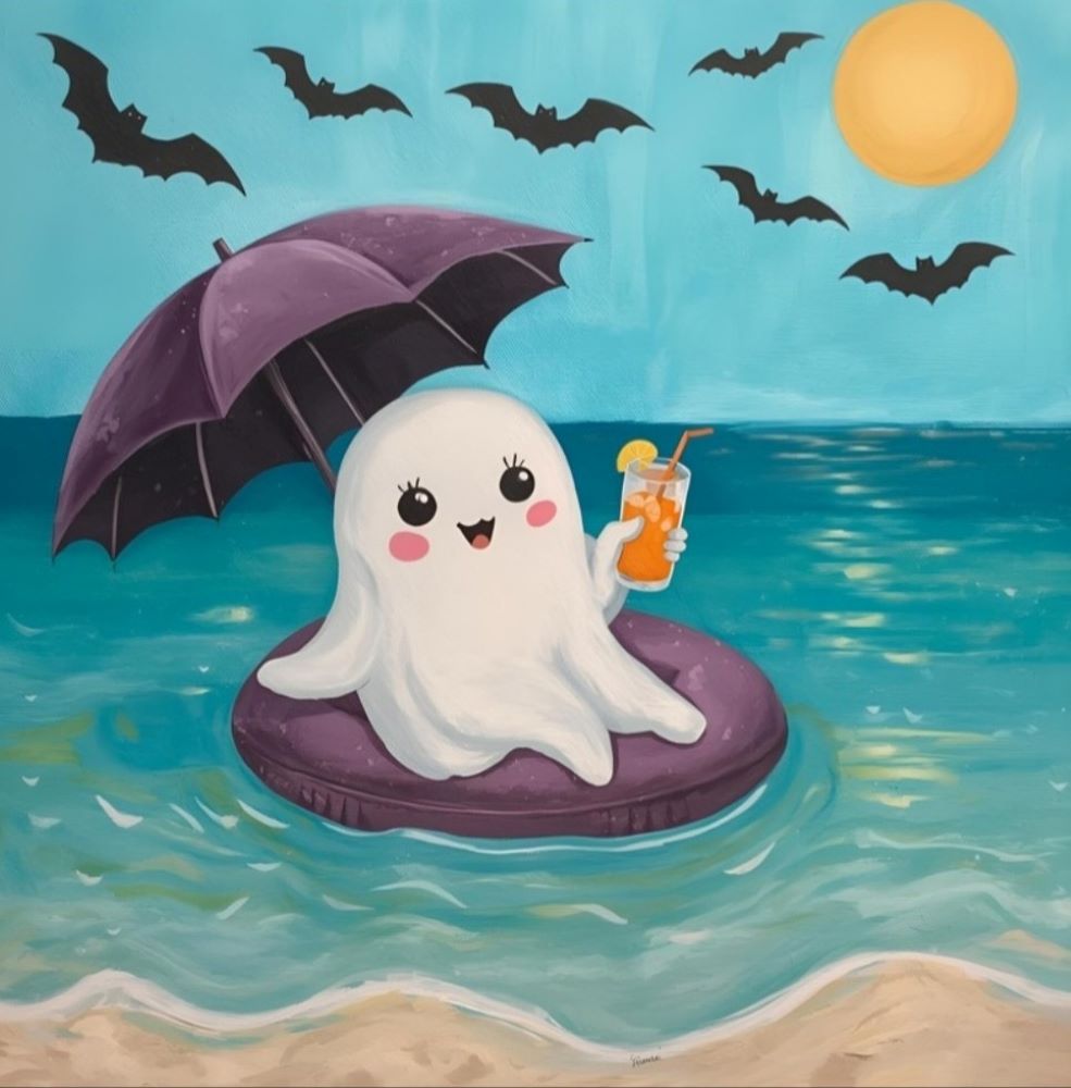 Spooky Sips Halloween Paint and Sip in Toledo featuring a cute ghost relaxing on a pool float