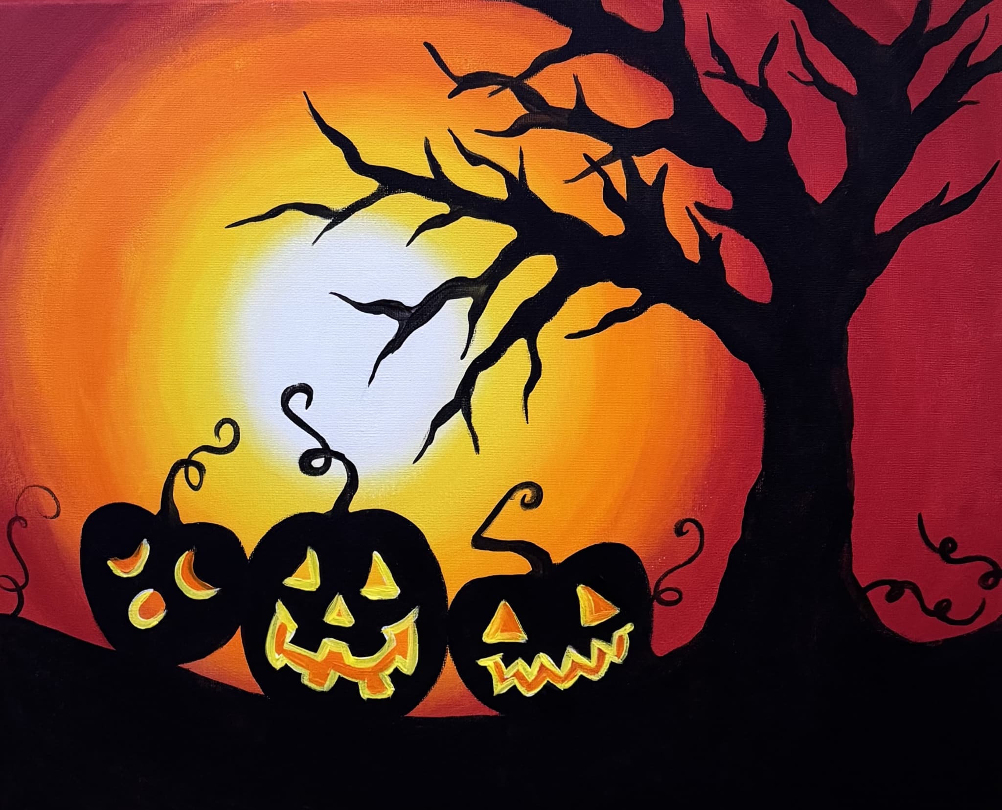 Twilight Trio Halloween Paint and Sip featuring three glowing jack-o-lanterns beneath a moonlit tree
