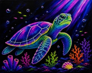 Colorful neon sea turtle swimming through a vibrant underwater scene for a Paint & Sip in Toledo, Ohio