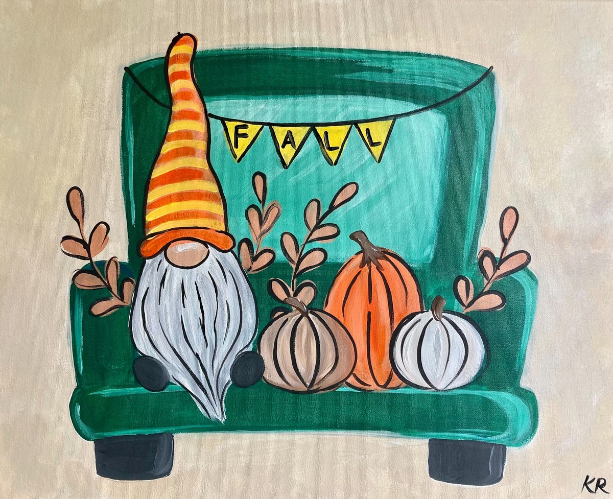 Fall Gnome Delivery Paint and Sip featuring a fall gnome, pumpkins and teal truck