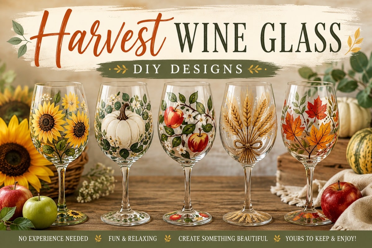 Harvest Wine Glass DIY designs featuring sunflower, pumpkin, apple, wheat and autumn leaf themes
