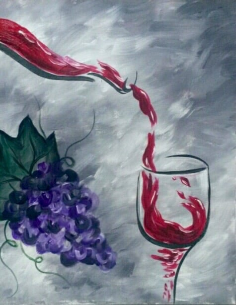 Drop of Wine Paint and Sip in Toledo featuring red wine pouring into a wine glass beside purple grapes