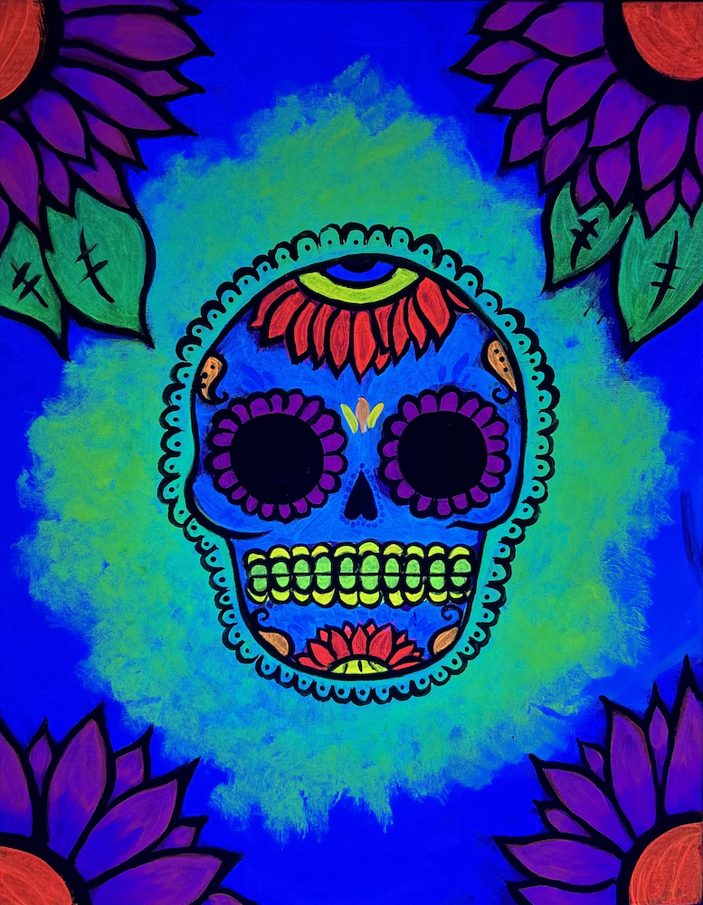 Sugar Skull Glow blacklight paint and sip in Graytown Ohio featuring a colorful neon sugar skull