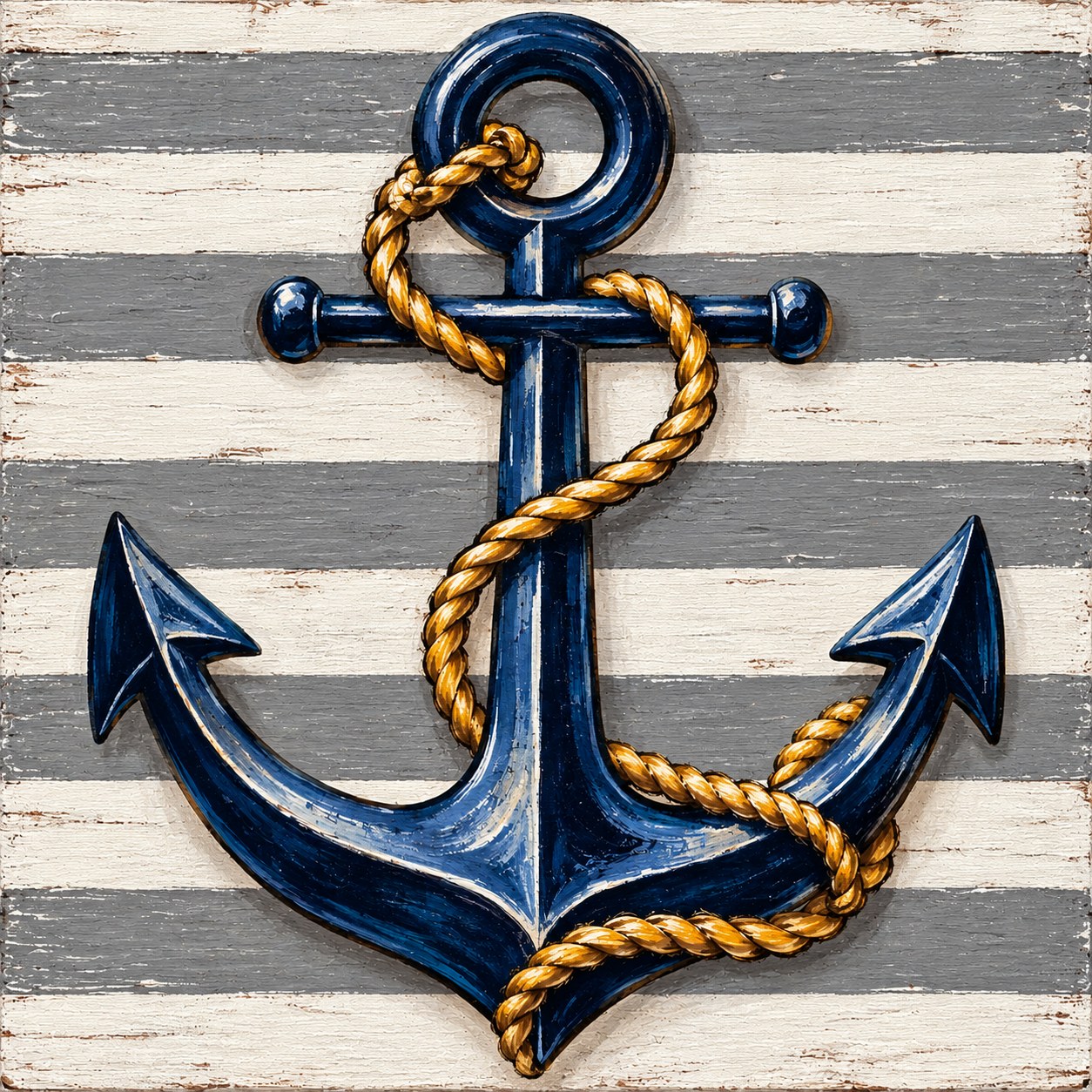 Navy blue nautical anchor wrapped in golden rope against rustic gray and white stripes