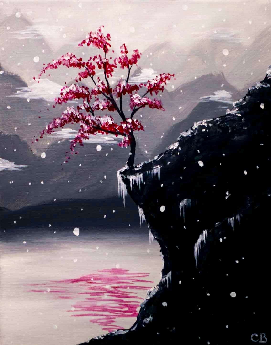 Crimson Tree in the Winter Mountains paint and sip Toledo